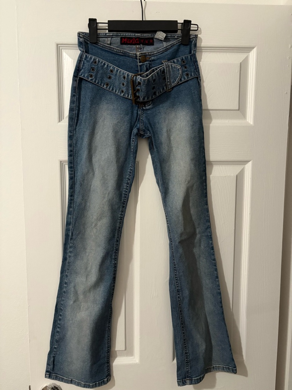 Vintage Y2K Mudd Light Blue Flare Jeans with Studded Waist Belt